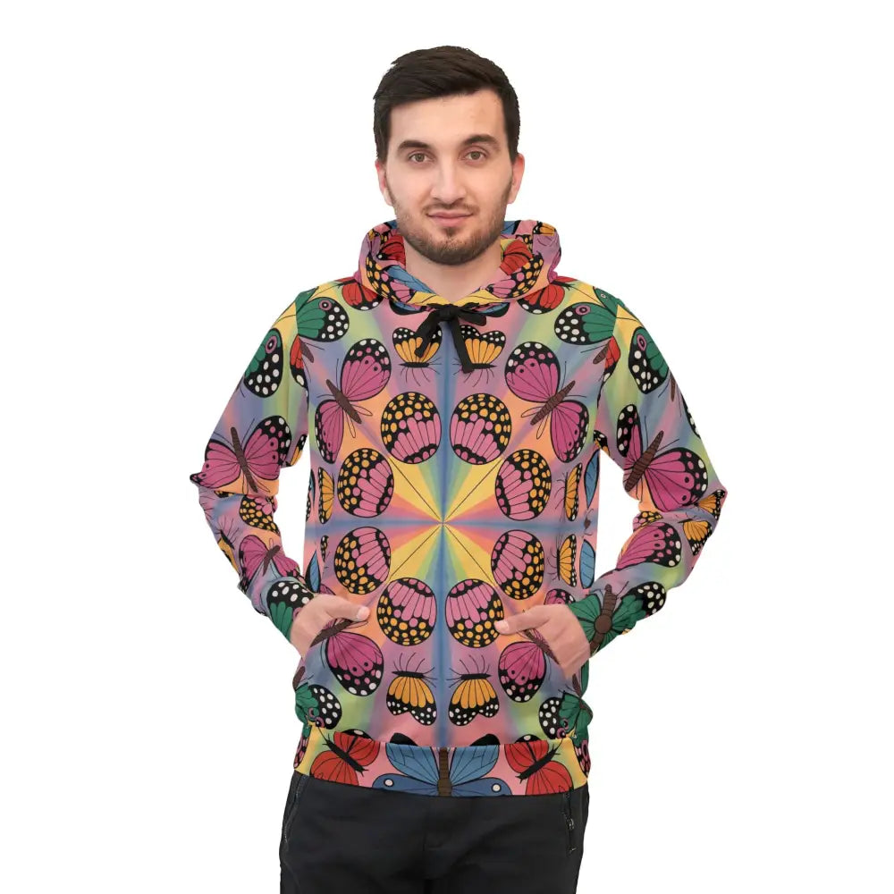 Men’s colorful butterfly print zip-up hoodie from Kaleidoscope Flight unisex hoodie collection