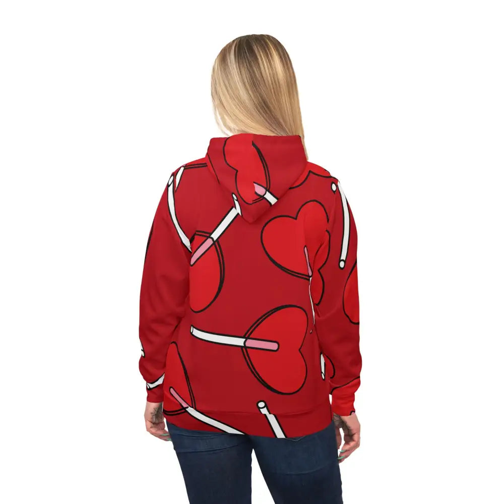 Red hoodie with heart lollipop pattern from PixiOnyx Lick Me Later Candycore Drop