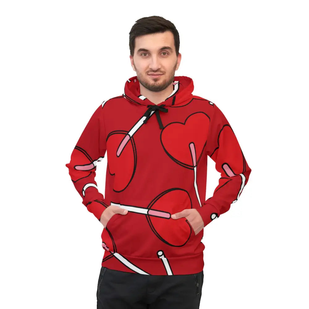 Red hoodie with heart and lollipop pattern from PixiOnyx Lick Me Later Candycore Drop