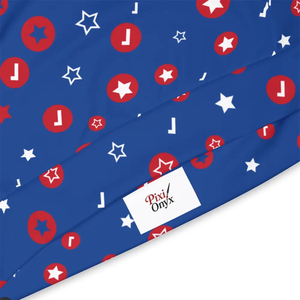 Blue fabric with stars and circles features on Unisex Hoodie Orbit Pop PixiOnyx Cosmic Corewear