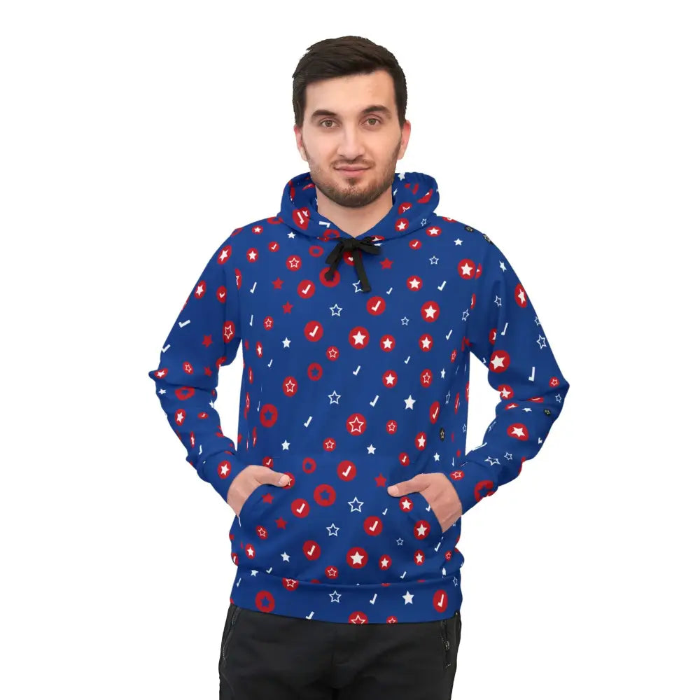 Blue hoodie with star and donut pattern from PixiOnyx Orbit Pop Cosmic Corewear