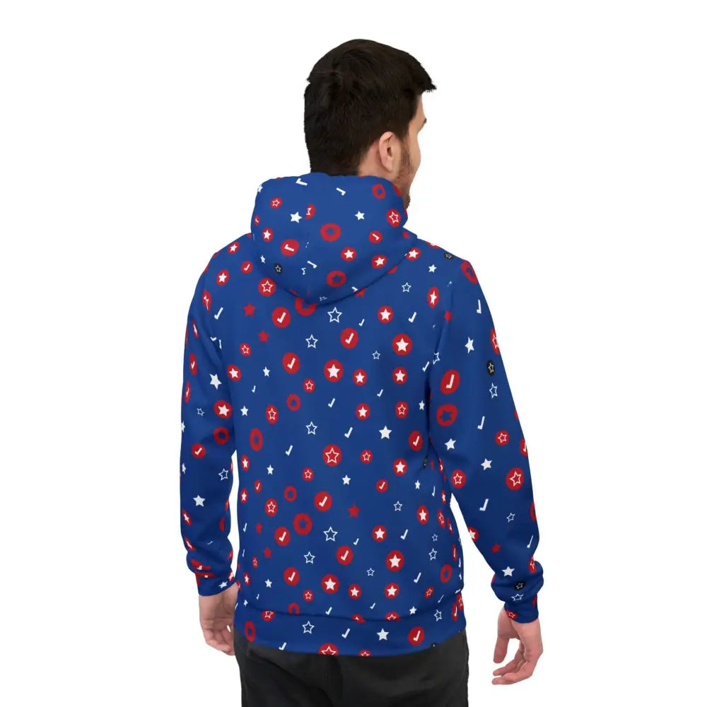 Blue hoodie with star and donut pattern from PixiOnyx Orbit Pop Cosmic Corewear
