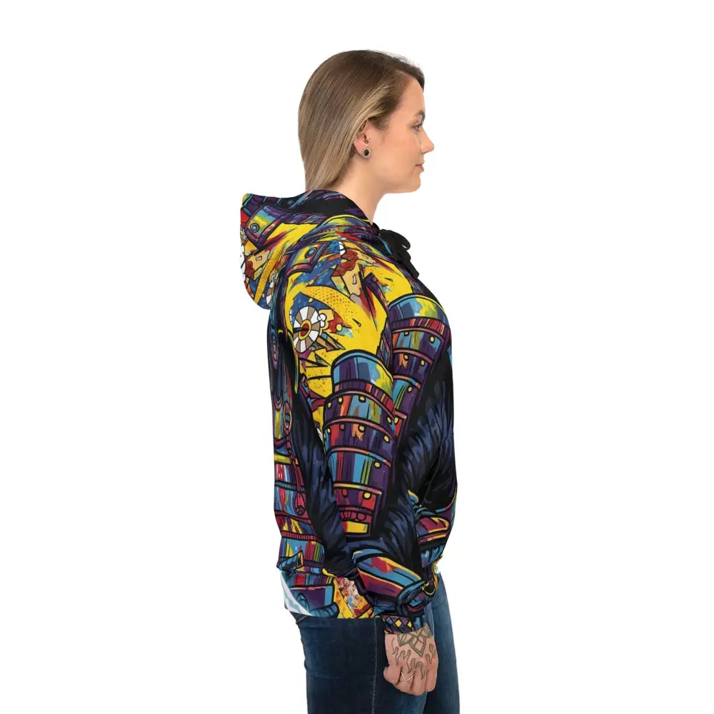 Woman wearing a colorful Samurai Splash Hoodie from PixiOnyx Streetcore Combatwear