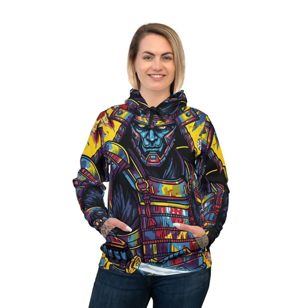 Woman wearing a colorful Samurai Splash hoodie from PixiOnyx Streetcore Combatwear