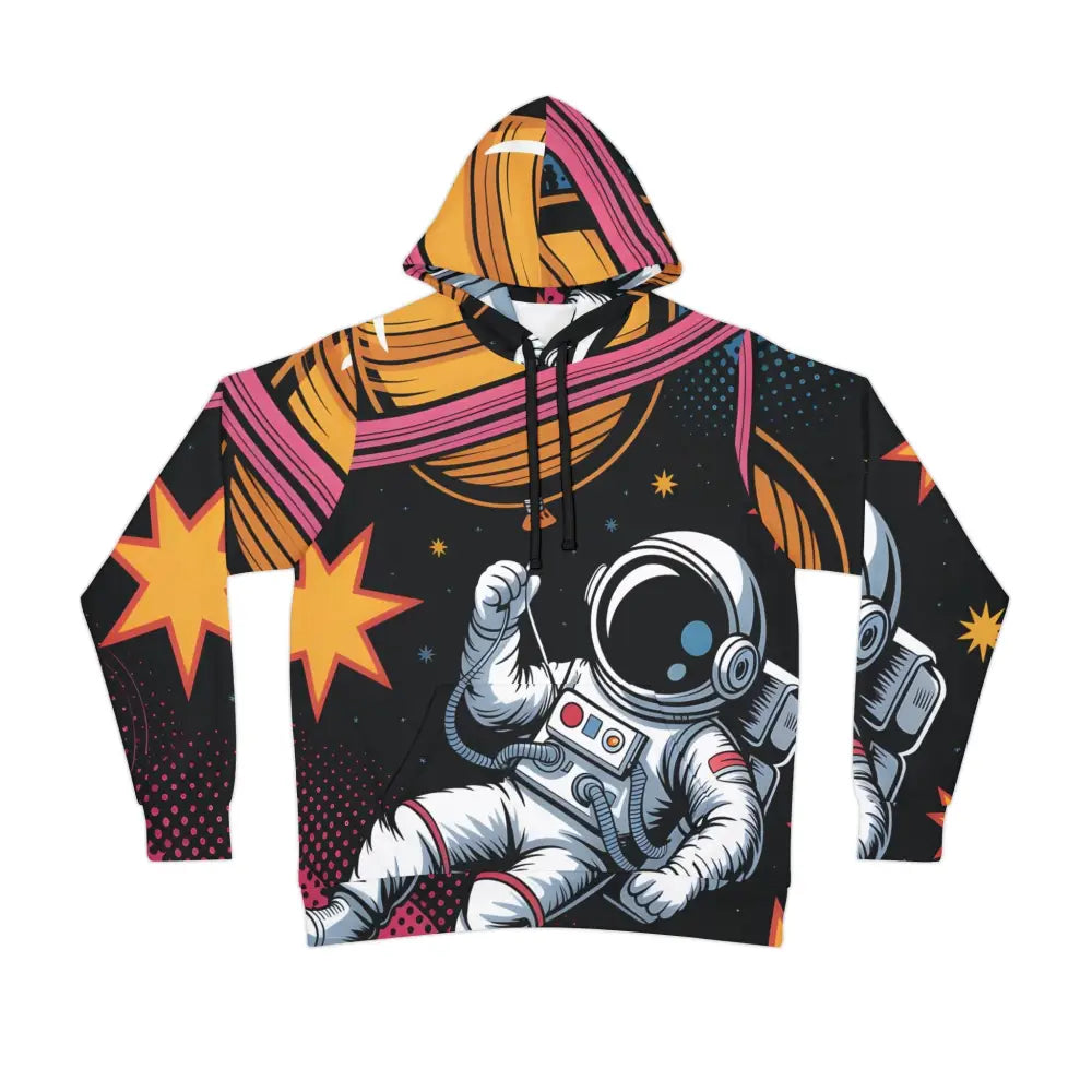Black unisex hoodie with surreal skies meet streetwear featuring Saturn Balloon astronaut graphic