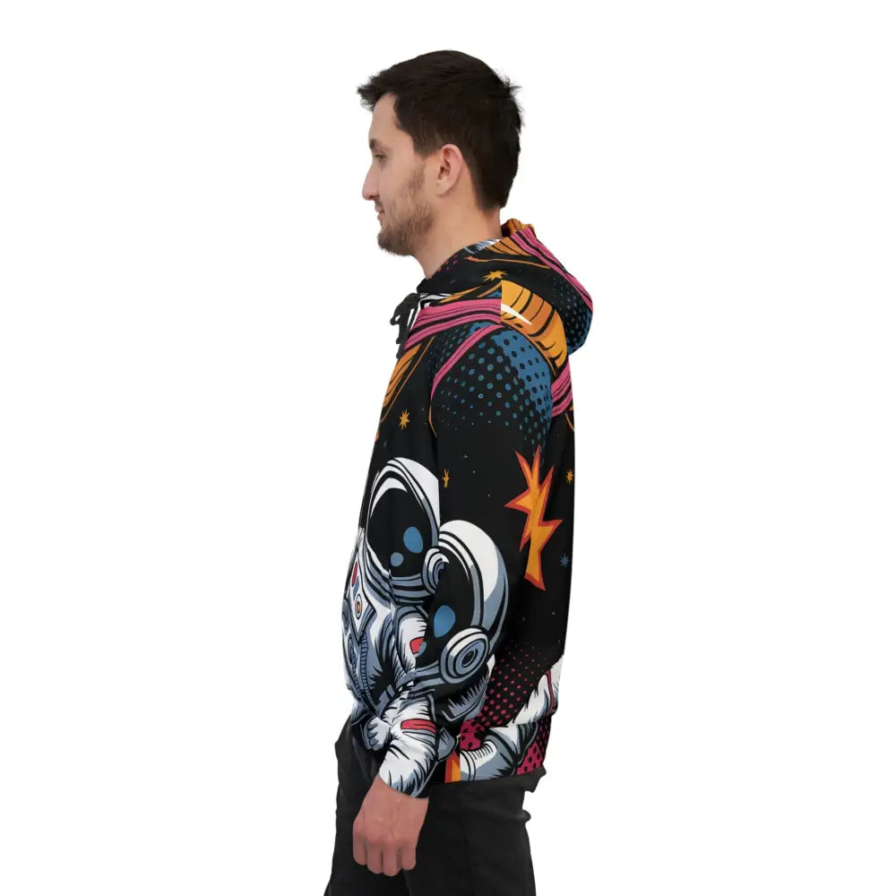 Men’s black hoodie with vibrant space-themed graphic featuring astronauts, stars, Saturn Balloon