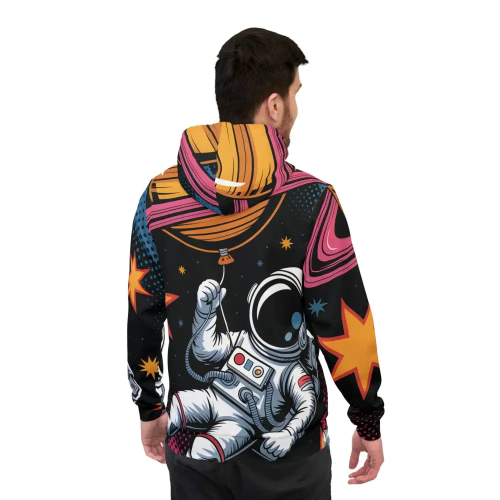 Men’s black hoodie with vibrant Saturn Balloon space graphic for surreal skies meet streetwear style