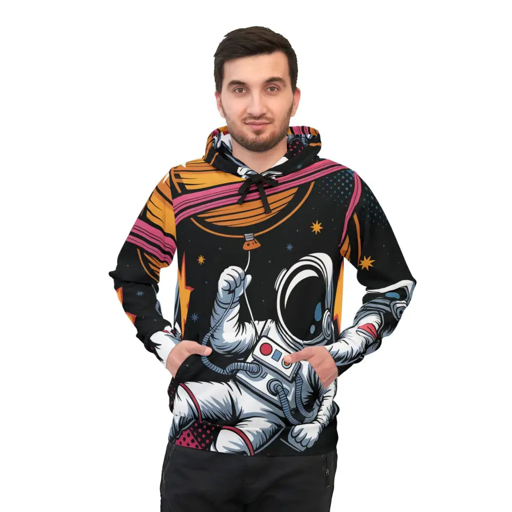Men’s black hoodie featuring surreal skies meet streetwear Saturn Balloon astronaut graphic