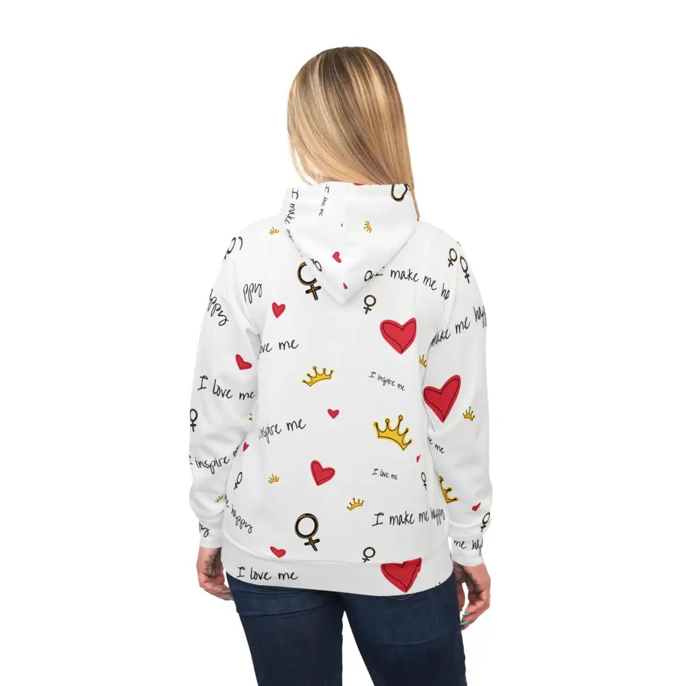 White hoodie with hearts and crowns from PixiOnyx Empowercore Drop Unisex Hoodie
