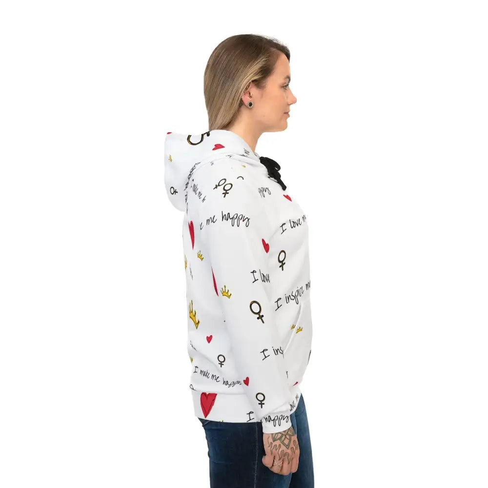 White patterned hoodie from PixiOnyx Empowercore Drop featuring self love message