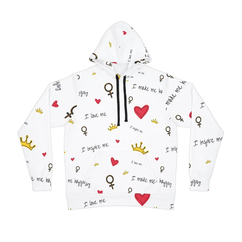 White hoodie with hearts crowns and female symbols from PixiOnyx Self Love Manifesto collection