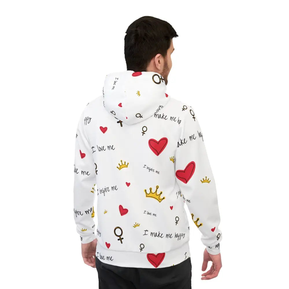 White unisex hoodie with hearts crowns and empowering Self Love Manifesto text