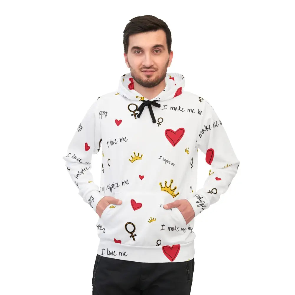 White hoodie with hearts crowns and Self Love Manifesto text from PixiOnyx Empowercore Drop
