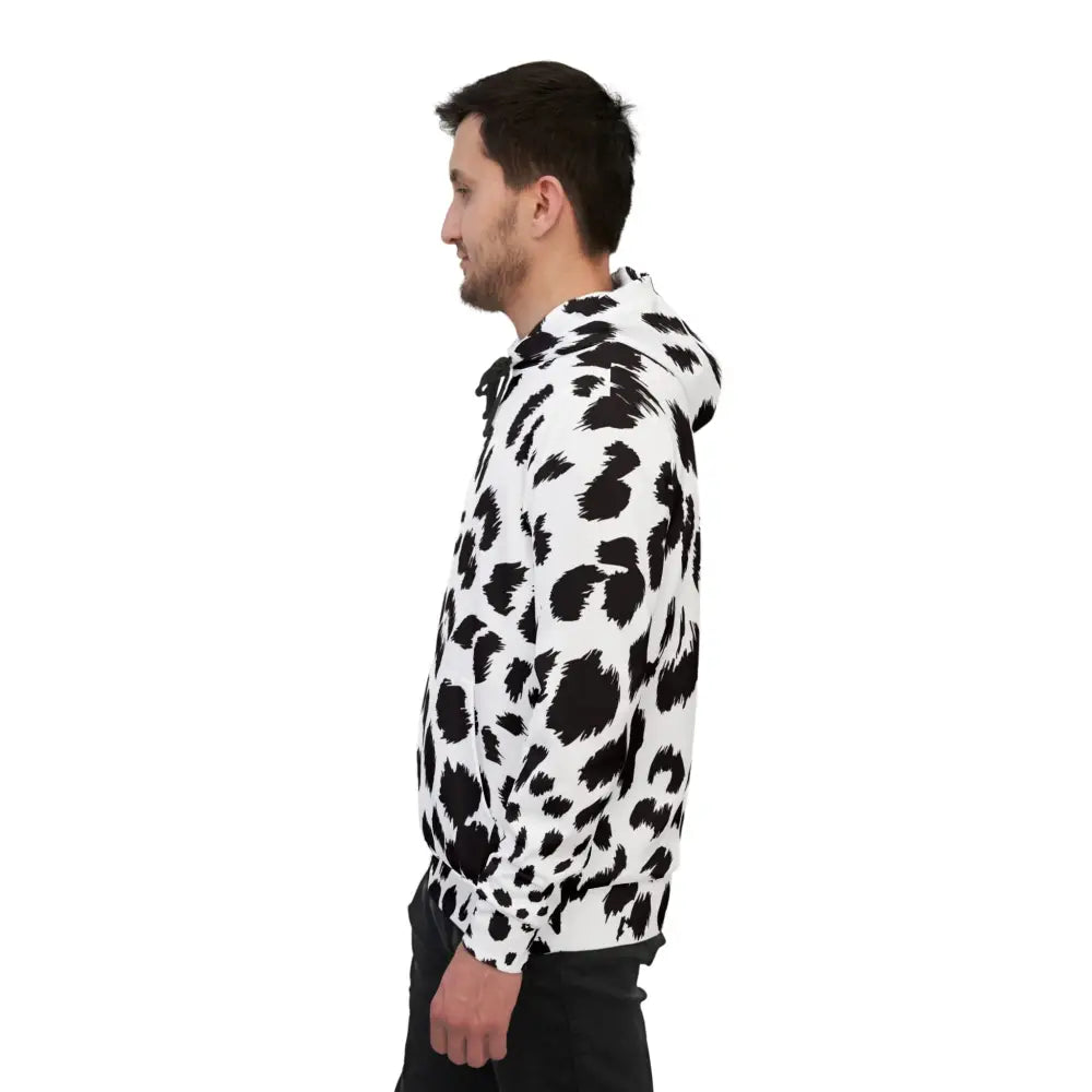 Man wearing a black and white leopard print hoodie from PixiOnyx Streetcore Edition