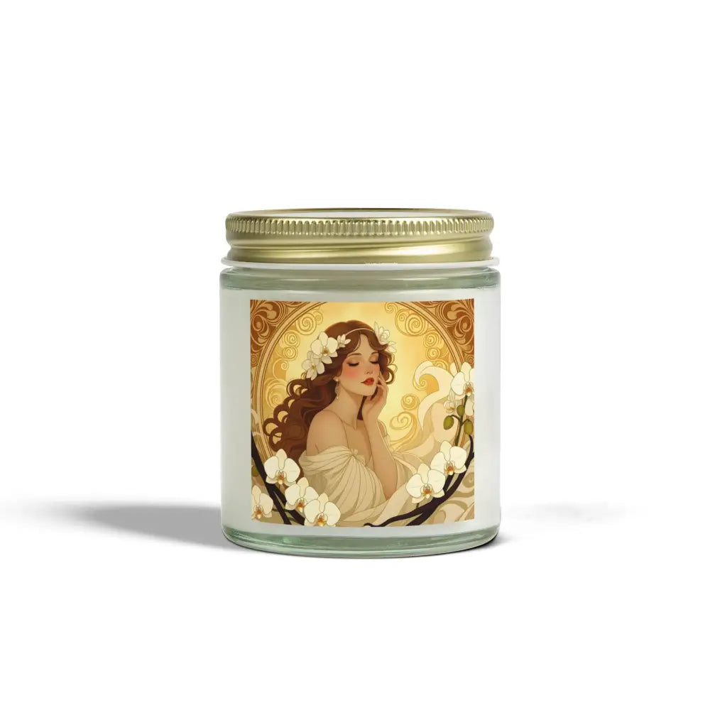 Vanilla Bean Scented Candle with a woman and floral design for PixiOnyx Aromatherapy