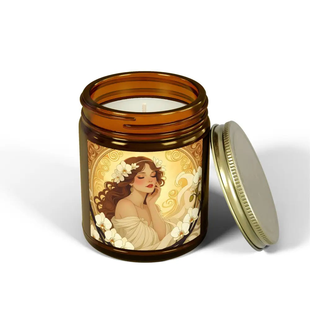 Amber jar candle with Art Nouveau label for Vanilla Bean Scented Candle Soft Glow Muse