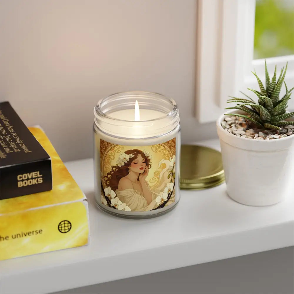 Woman-themed vanilla bean scented candle in a glass jar from Soft Glow Muse by PixiOnyx