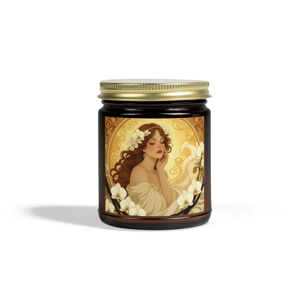 Vanilla Bean Scented Candle with Art Nouveau-style label from Soft Glow Muse PixiOnyx