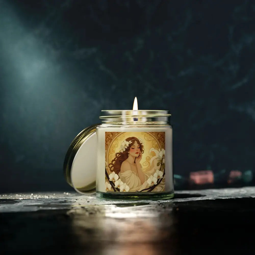 Art Nouveau Vanilla Bean Scented Candle with lit wick for relaxing ambiance
