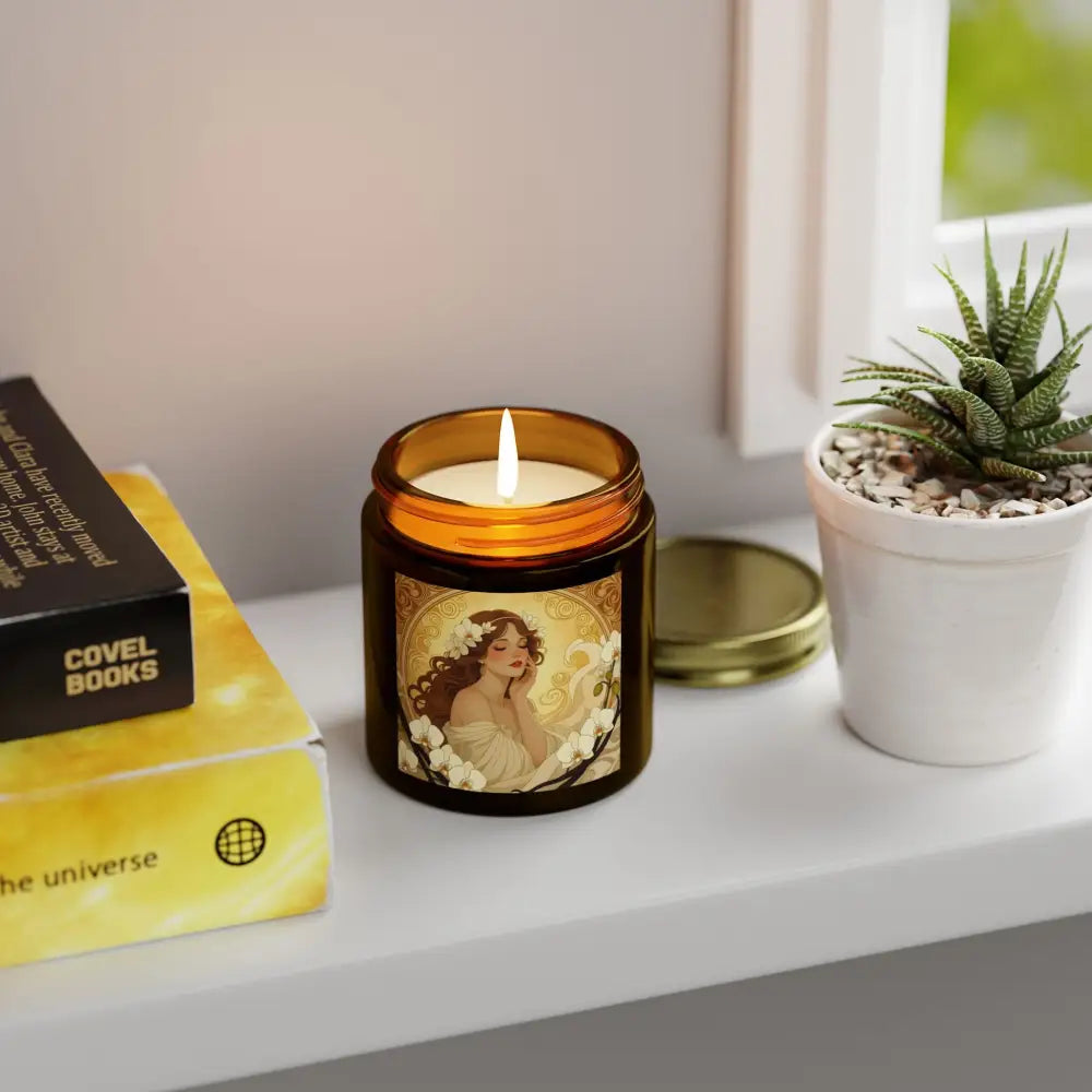 Amber jar candle with vintage woman label for Vanilla Bean Scented Candle Soft Glow Muse