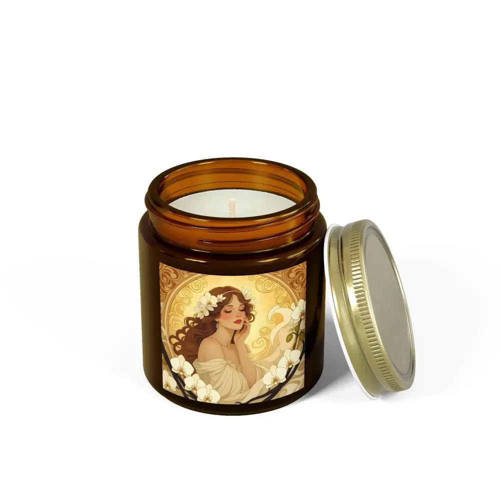 Amber jar candle with Art Nouveau label for Vanilla Bean Scented Candle Soft Glow Muse