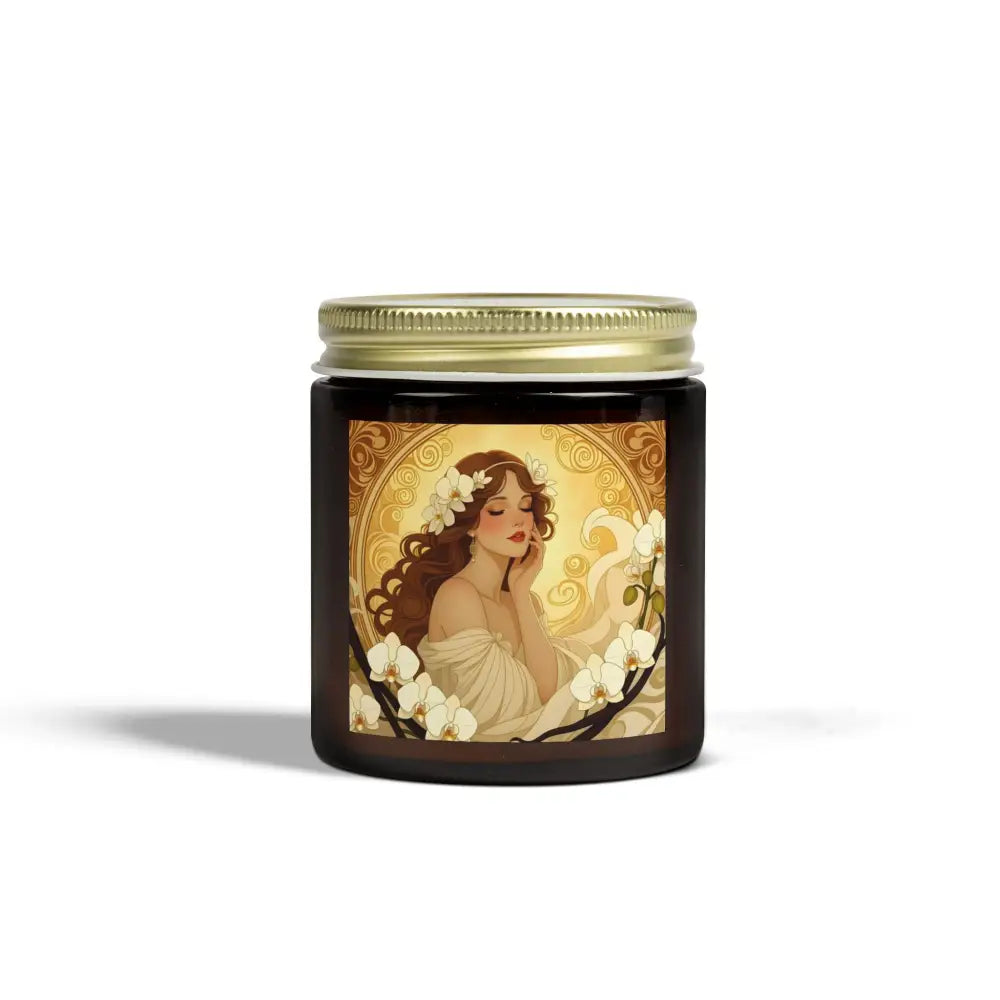 Art Nouveau Vanilla Bean Scented Candle displayed in PixiOnyx Aromatherapy Accent container