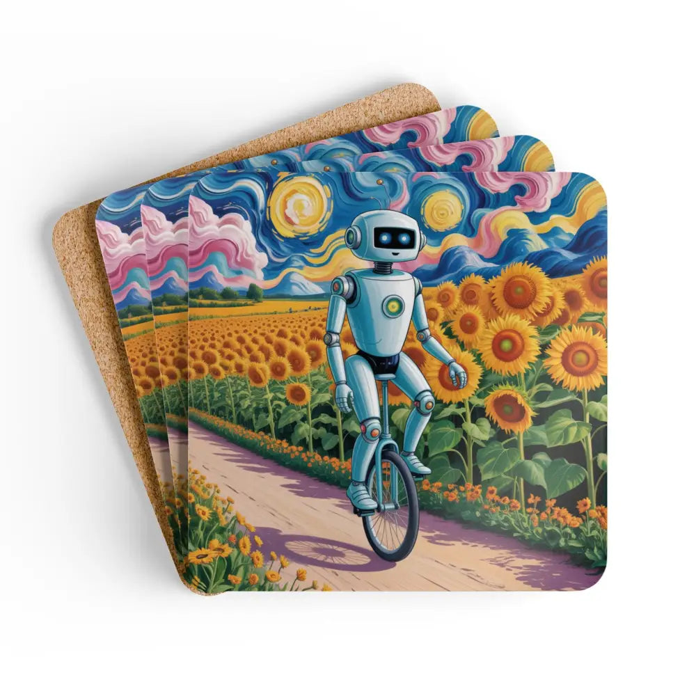 Vibrant Robot Coaster Set with cork backs for home decor, gently wipe with dry microfiber cloth