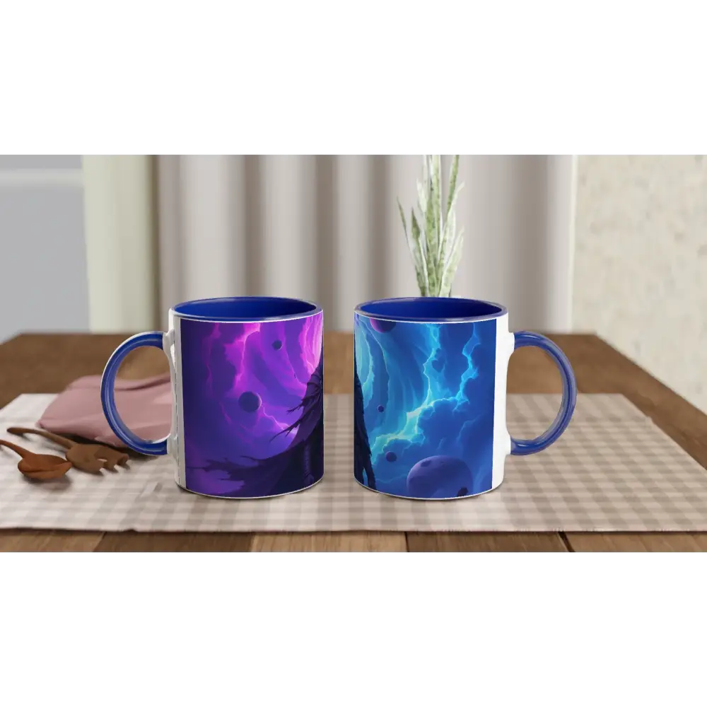 Two blue-handled ceramic mugs with space-themed designs from the Voidwalkers Gate Cosmic Cloak Series