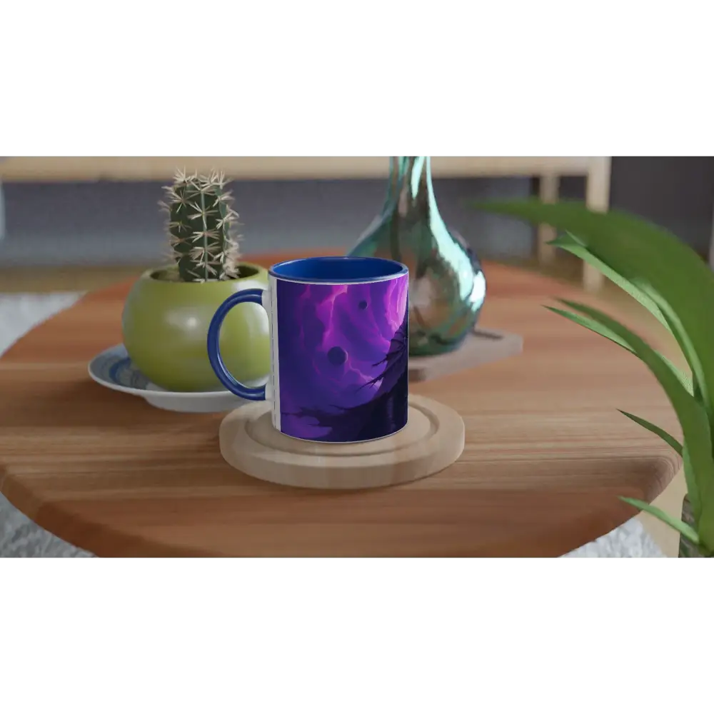 Blue-handled ceramic mug with purple nebula design from Voidwalkers Gate Cosmic Cloak Series
