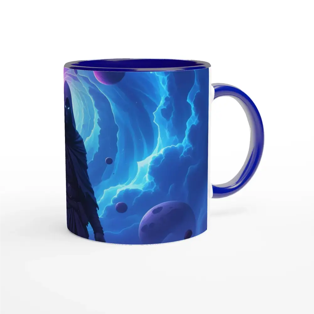 Blue-rimmed ceramic mug with cosmic design from PixiOnyx Voidwalker’s Gate Series