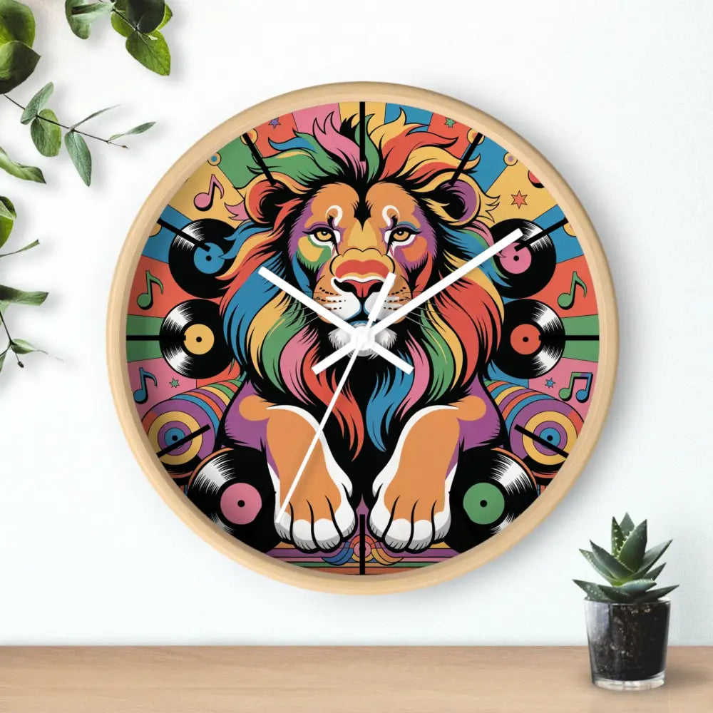 Colorful wall clock with pop-art lion, rainbow mane, musical records, by Honson Ventures Limited