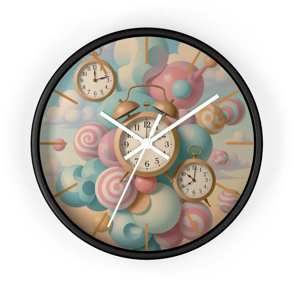 Round wall clock featuring whimsical candy and clock design for Pastel Candy Timeburst by PixiOnyx