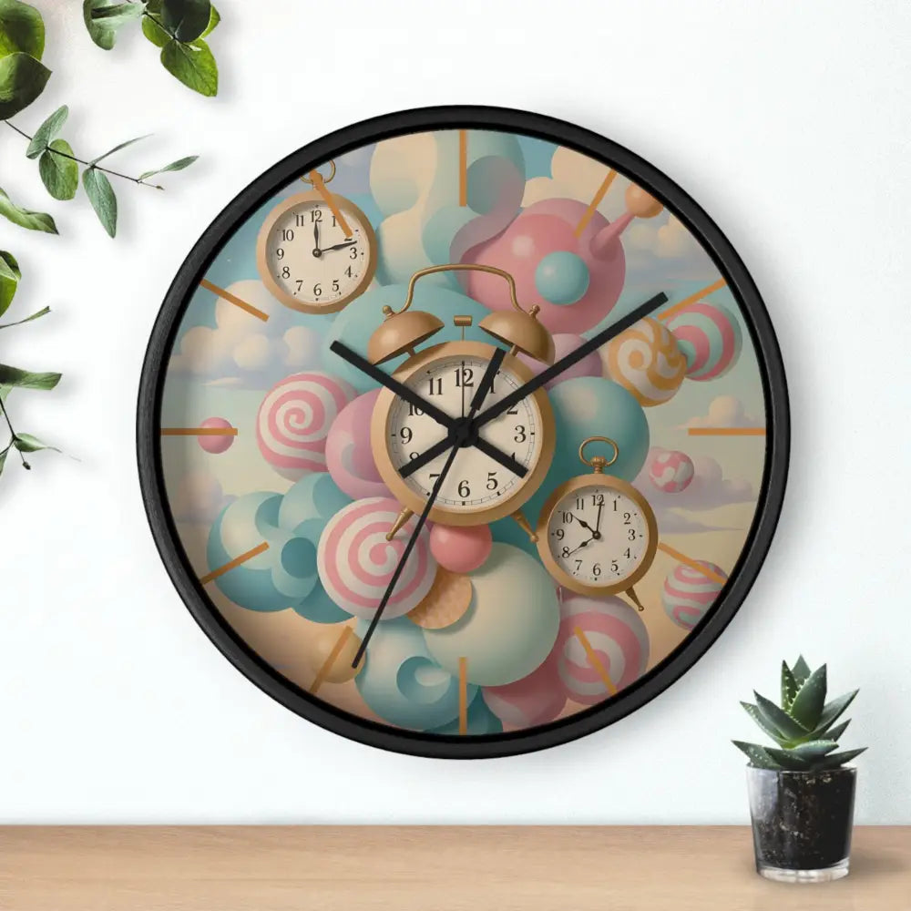 Round wall clock with whimsical pastel candy and timeburst design by PixiOnyx