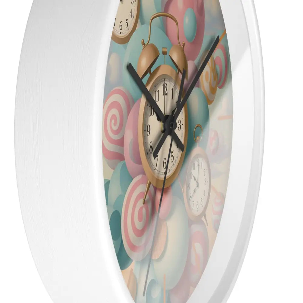 Whimsical pastel candy-themed round wall clock with burst design from PixiOnyx