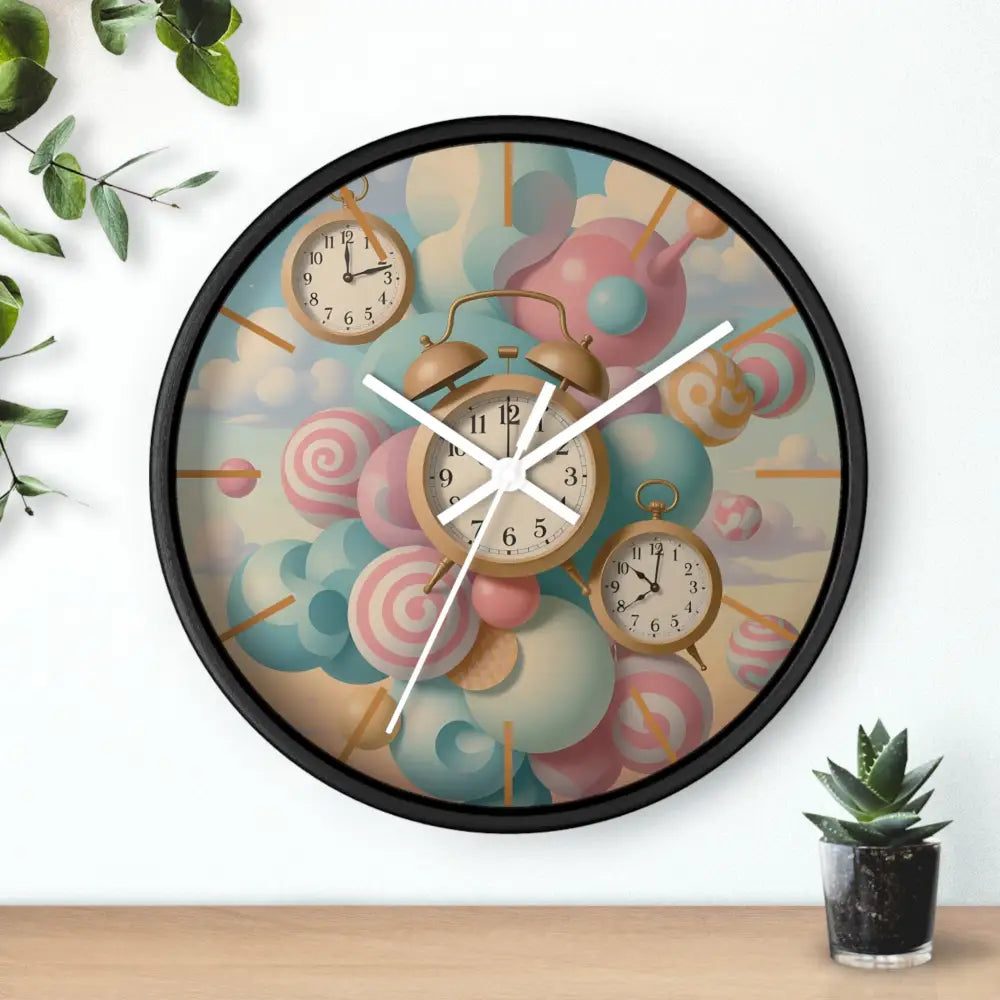 Black-framed wall clock with whimsical candy design from PixiOnyx Pastel Candy Timeburst
