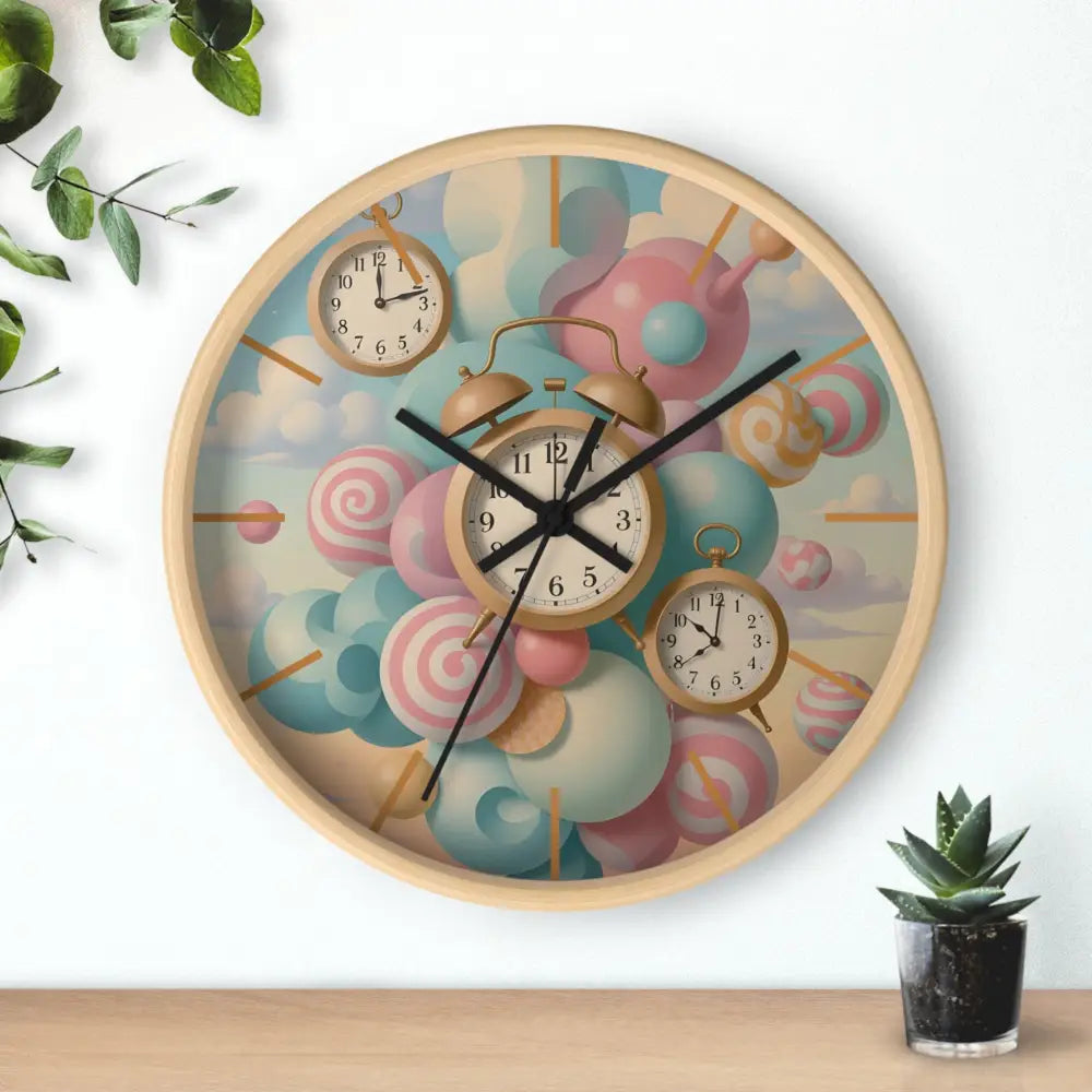 Round wall clock with whimsical candy and clock design for pastel decor in PixiOnyx collection