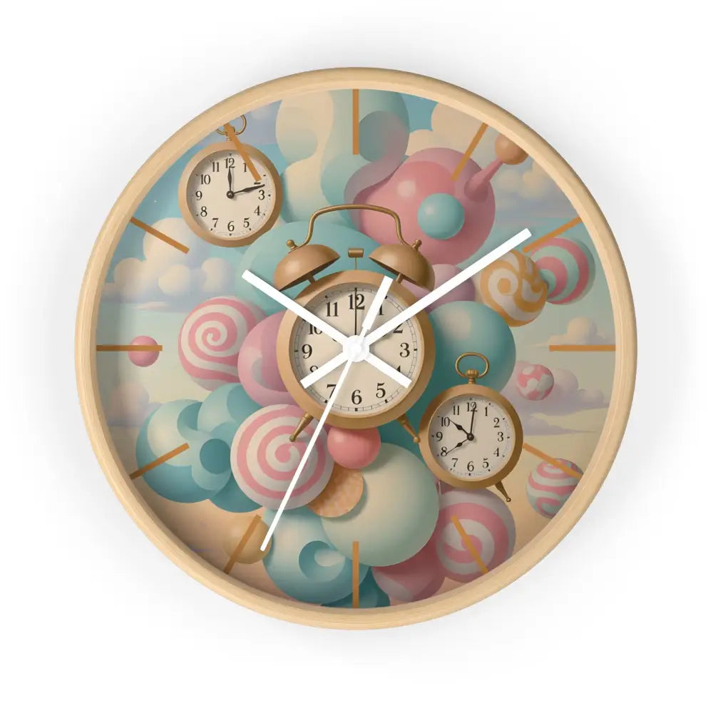 Beautiful pastel round wall clock with whimsical candy and clock design for playful decor