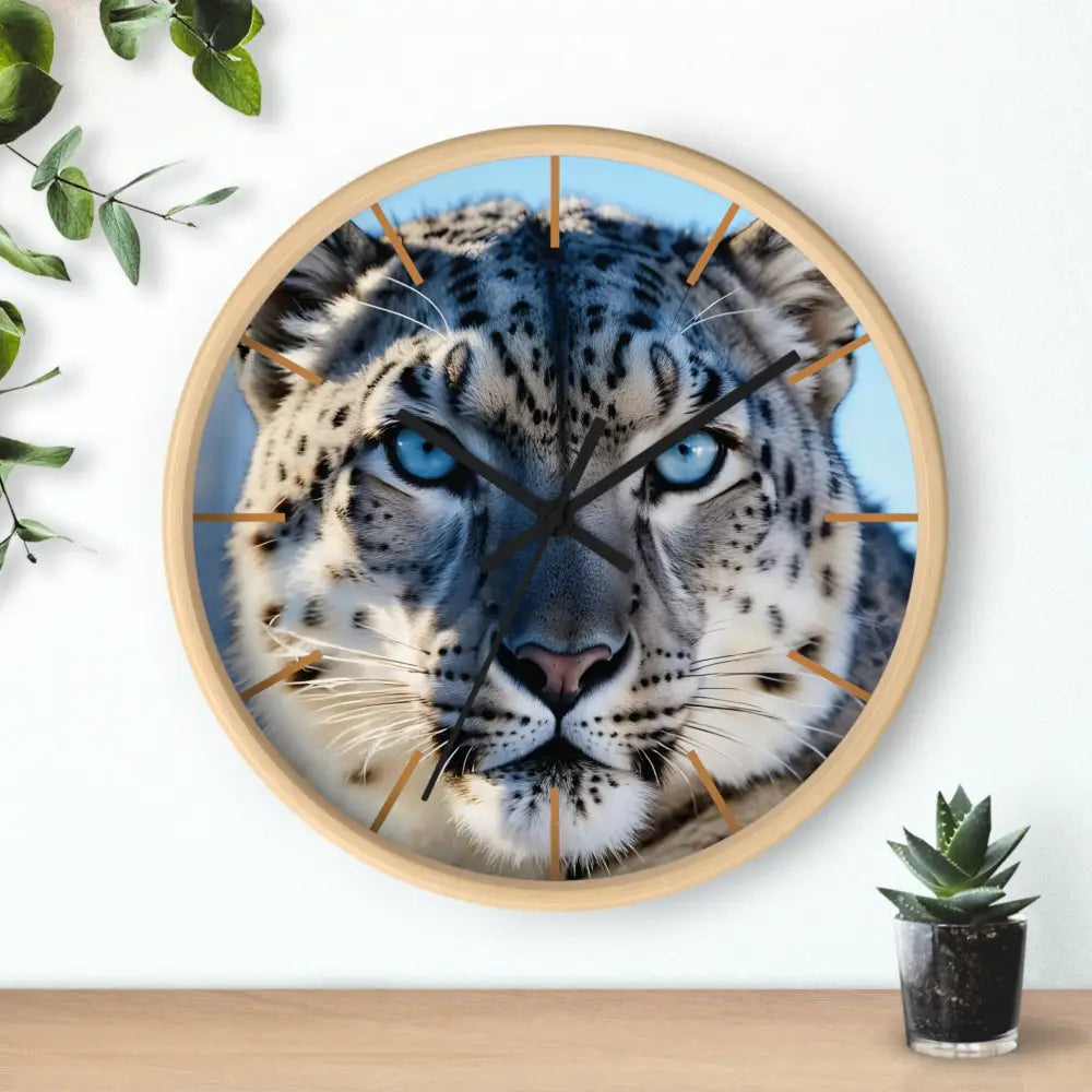 Snow leopard face clock from PixiOnyx Arctic Pulse Series displaying Glacier Gaze design