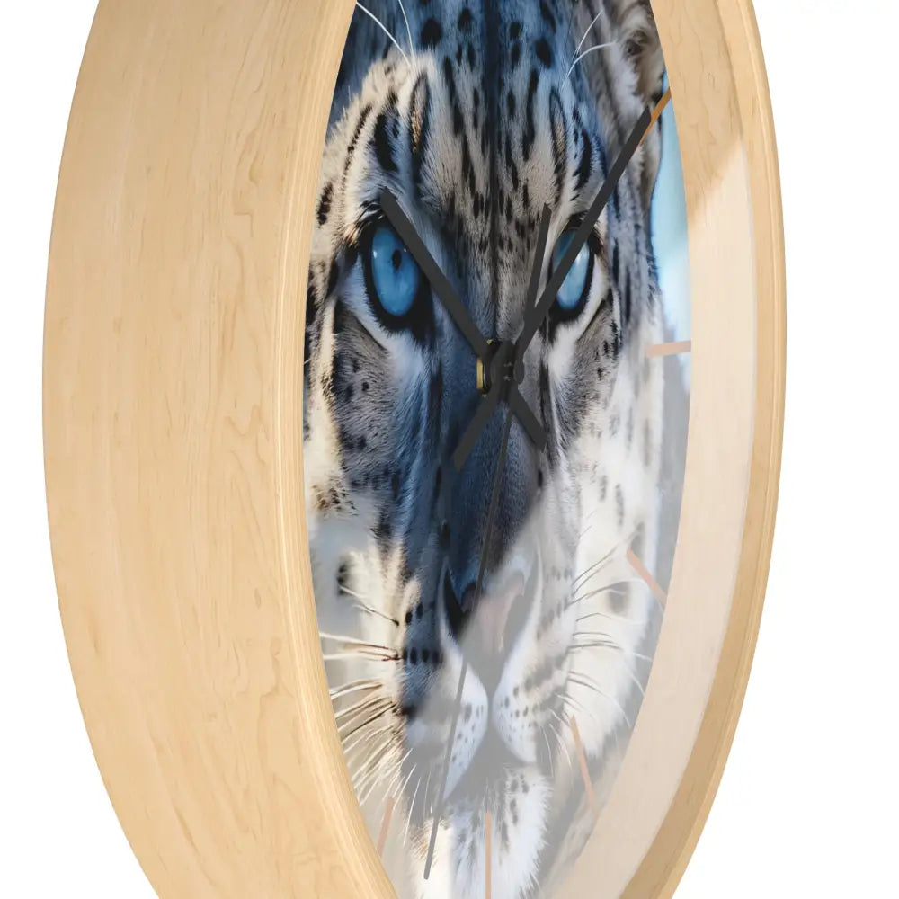 Snow leopard face clock from PixiOnyx Arctic Pulse Series showcasing Glacier Gaze design