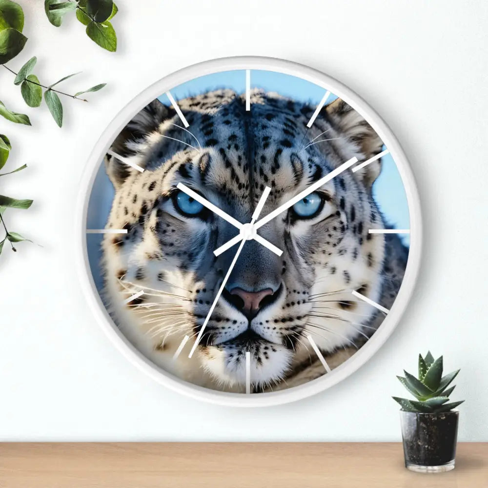 Snow leopard face clock from PixiOnyx Arctic Pulse Series displaying a glacier gaze design