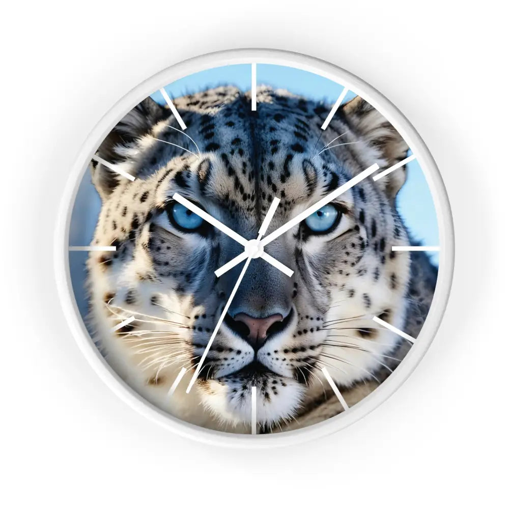 Snow leopard face clock from PixiOnyx Arctic Pulse Series showcasing icy glacier design
