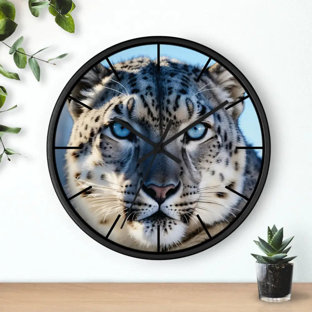 Snow leopard face clock from PixiOnyx Arctic Pulse Series, stylish wall decor