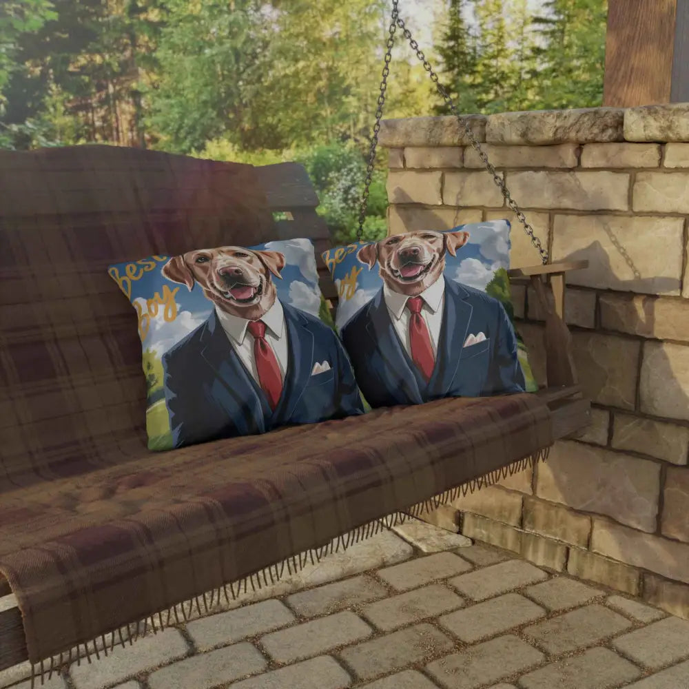 Decorative outdoor pillows with dogs in suits, perfect for pet lovers’ garden decor