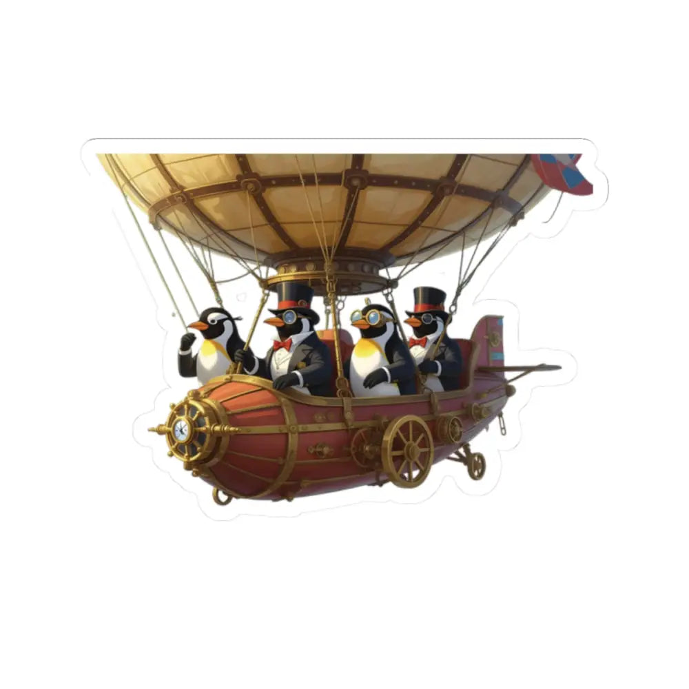 Steampunk penguin airship sticker on glossy vinyl for whimsical skybound decor