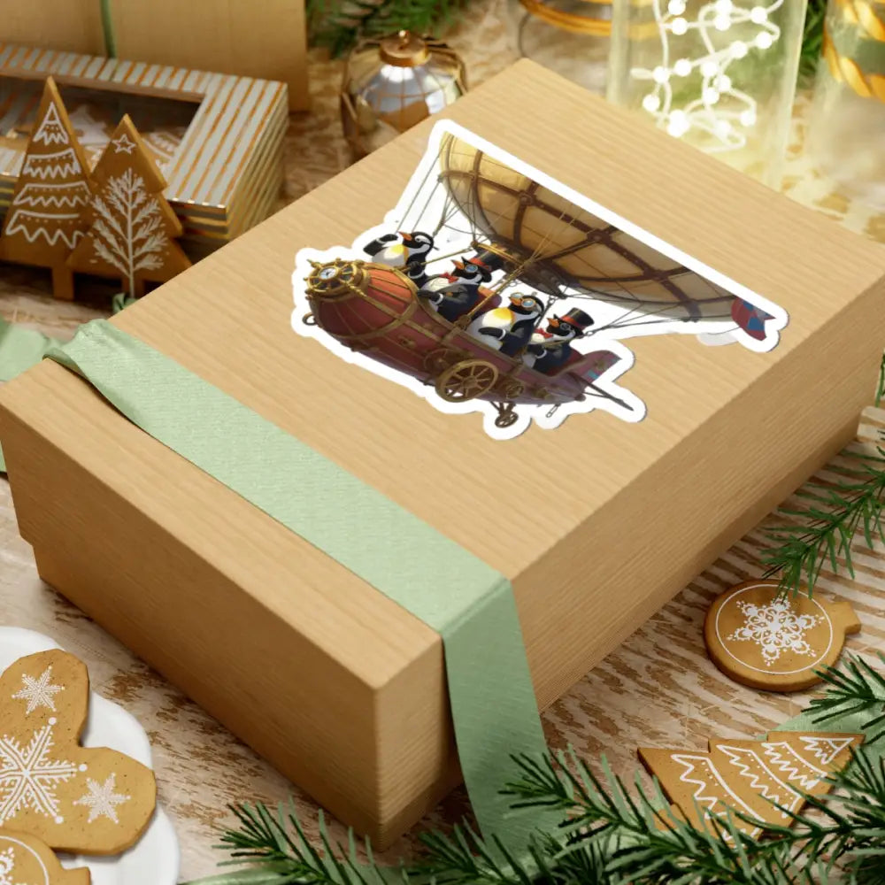 Wrapped gift box with Whimsical Penguin Balloon Stickers on PixiOnyx Glossy Vinyl Art
