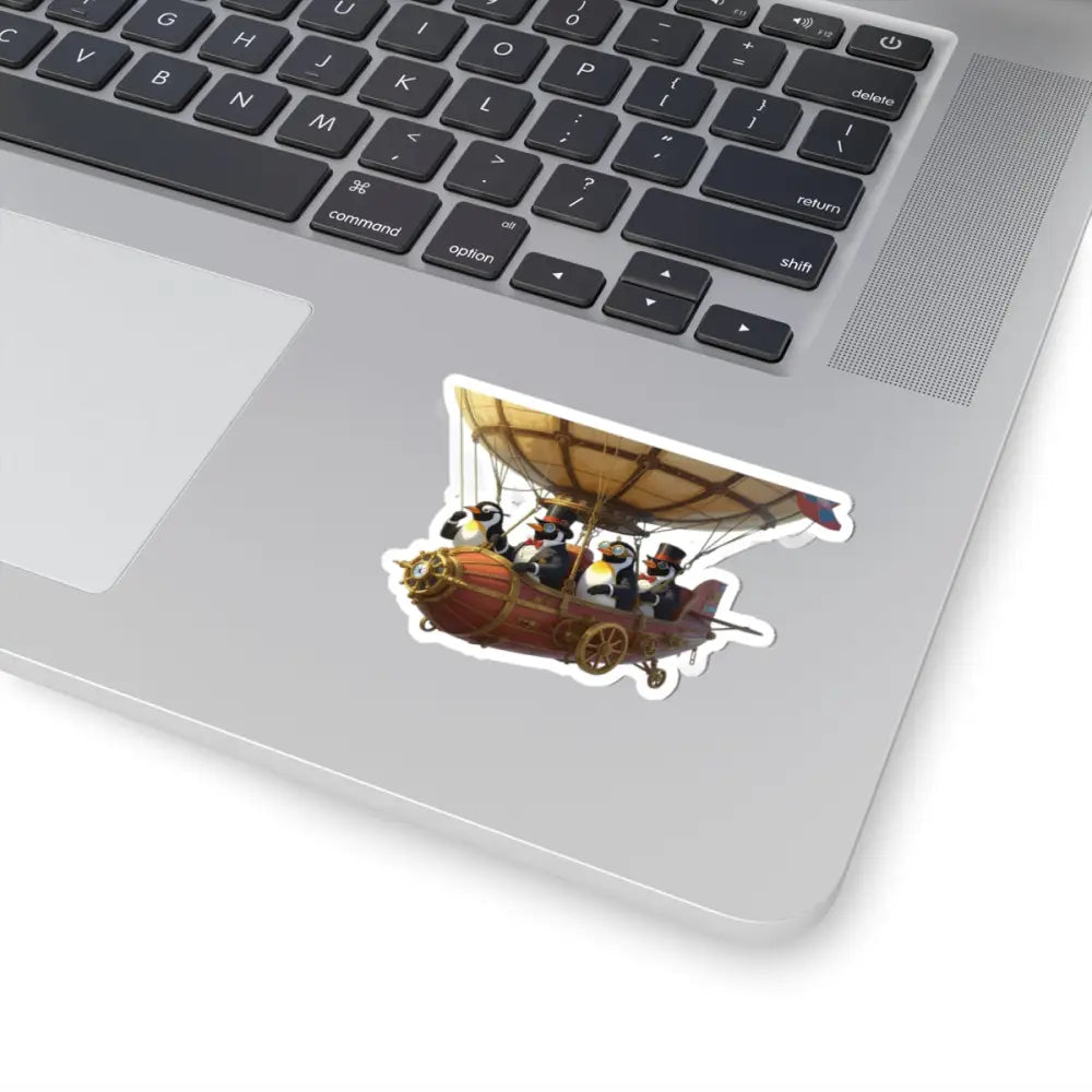 Steampunk penguin airship sticker on glossy vinyl for whimsical skybound decor