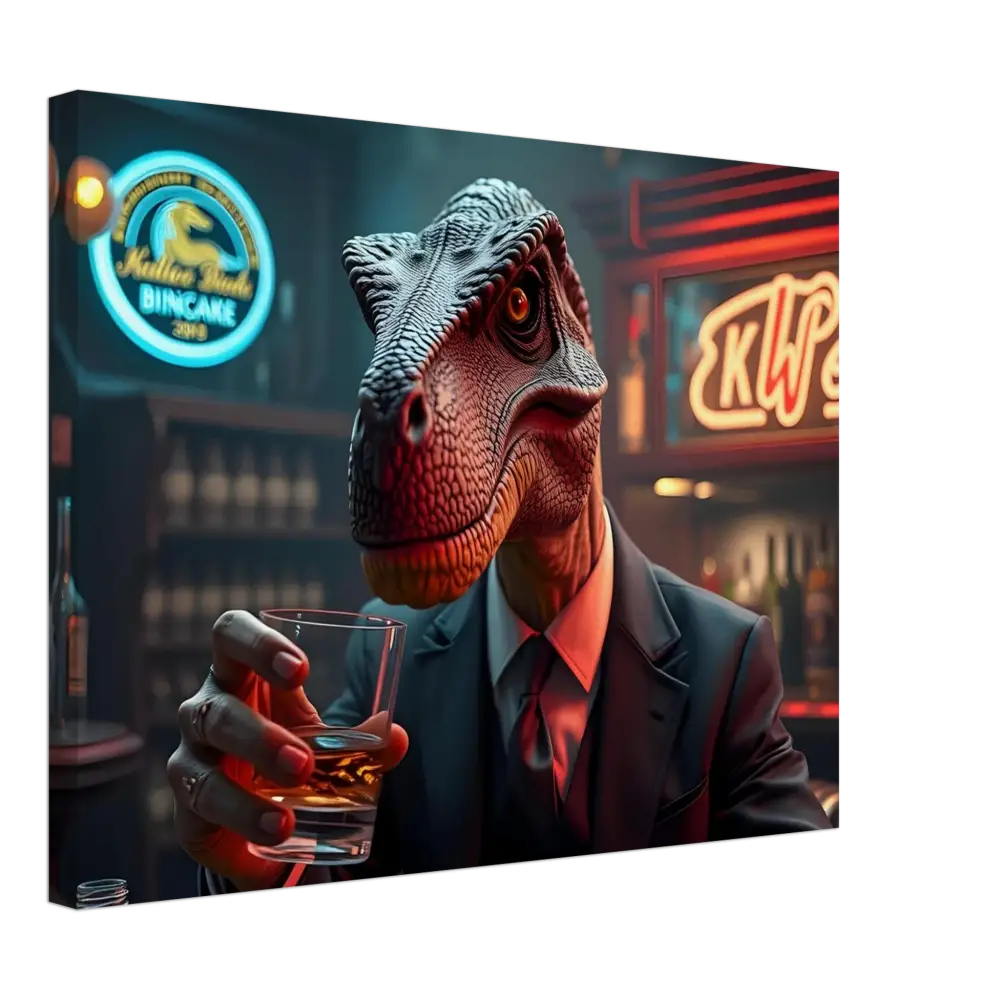 Dinosaur in a suit holding a drink displayed on Whiskey Raptor Canvas Print Wall Art