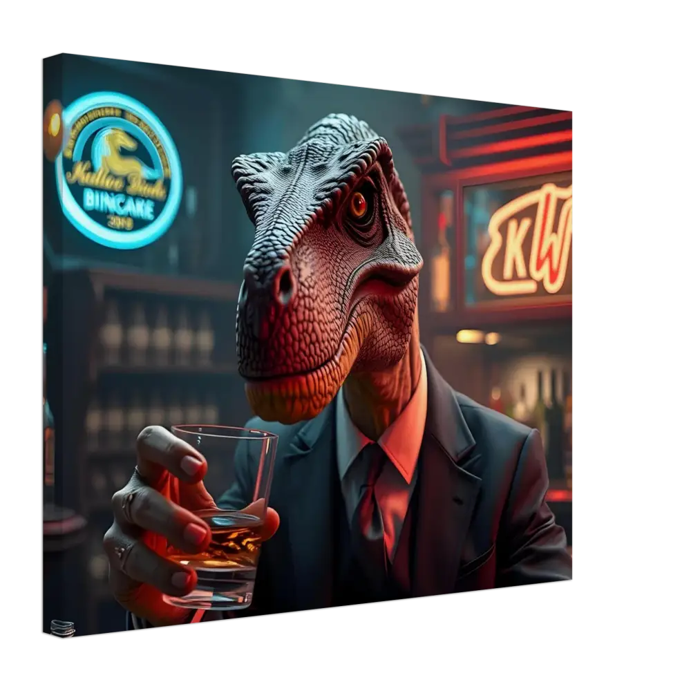 Dinosaur in a suit holding a glass of whiskey on PixiOnyx Whiskey Raptor Canvas Print