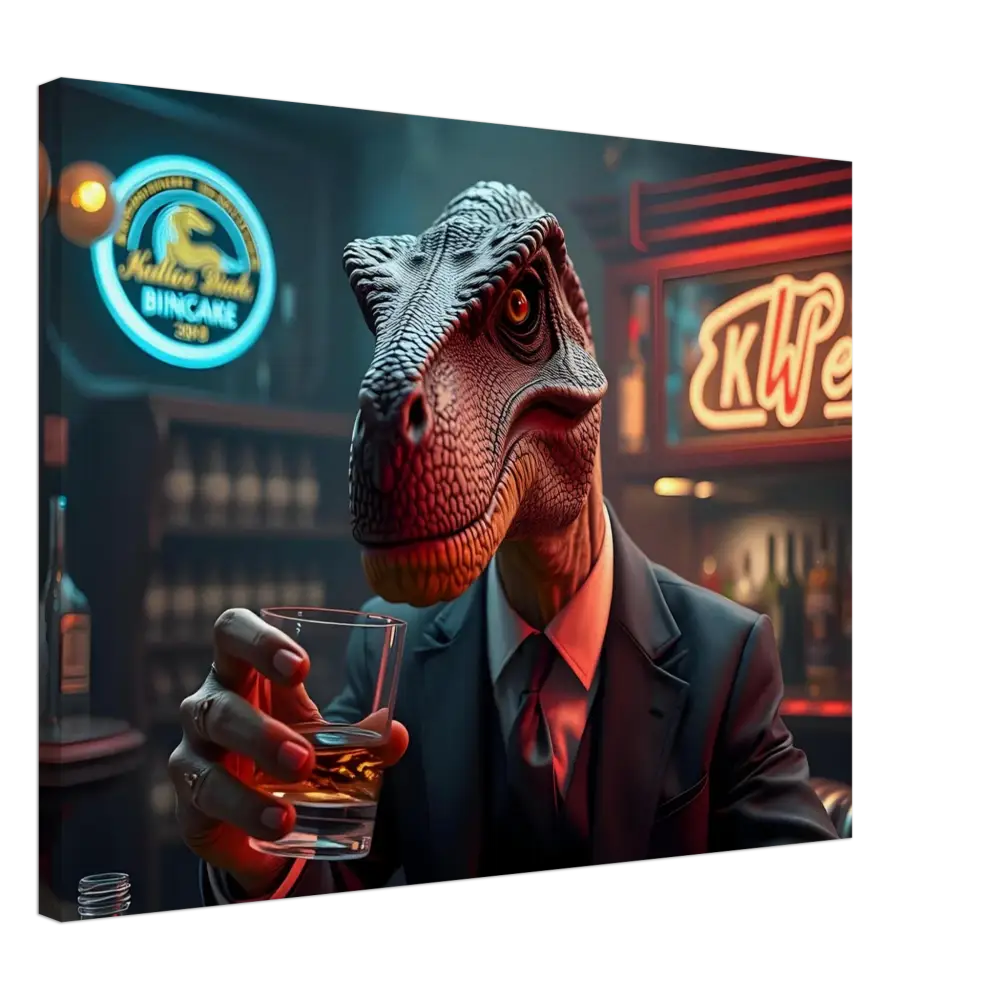 Dinosaur in suit holding whiskey depicted on Whiskey Raptor Canvas Print Wall Art