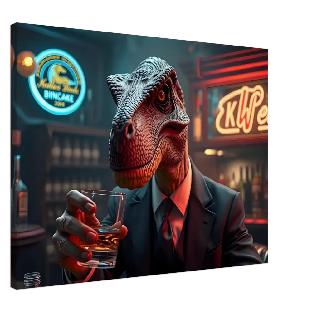 Dinosaur in suit holding drink displayed on Whiskey Raptor Canvas Print by PixiOnyx